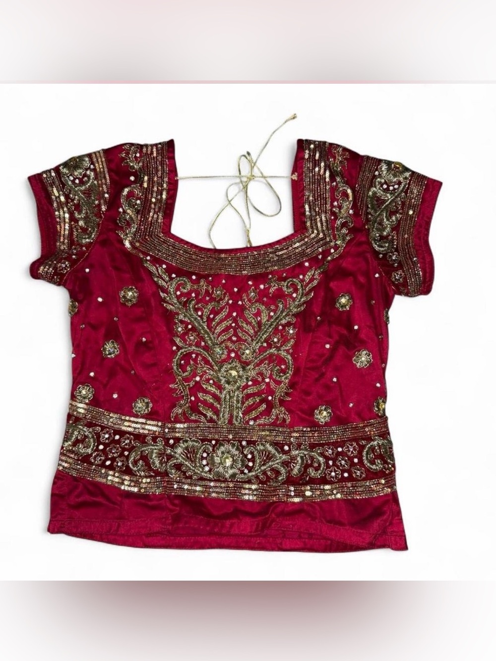 Red Gold Embellished Saree Blouse Choli Beaded Sequin Indian Traditional Top